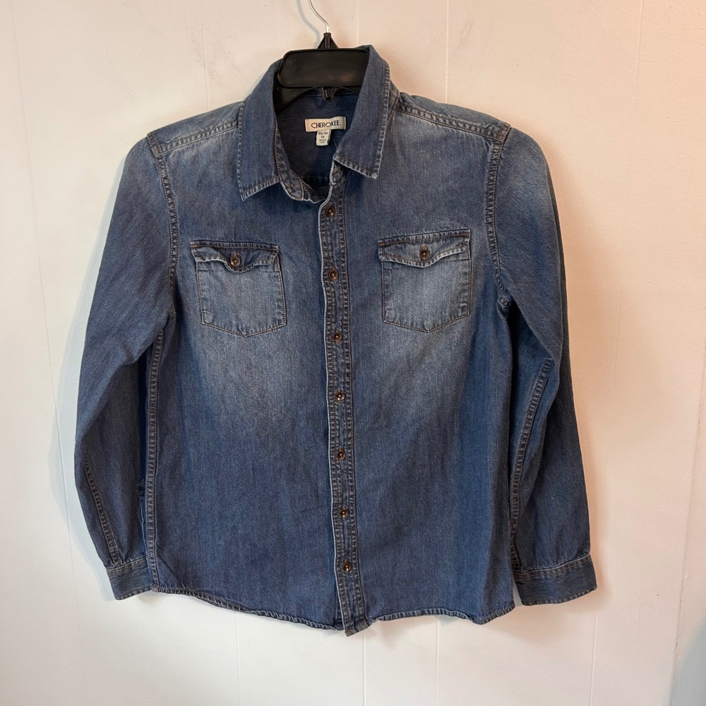 Cherokee Womens Long Sleeve Denim Button Down Shirt Medium Wash XL 16 Cotton